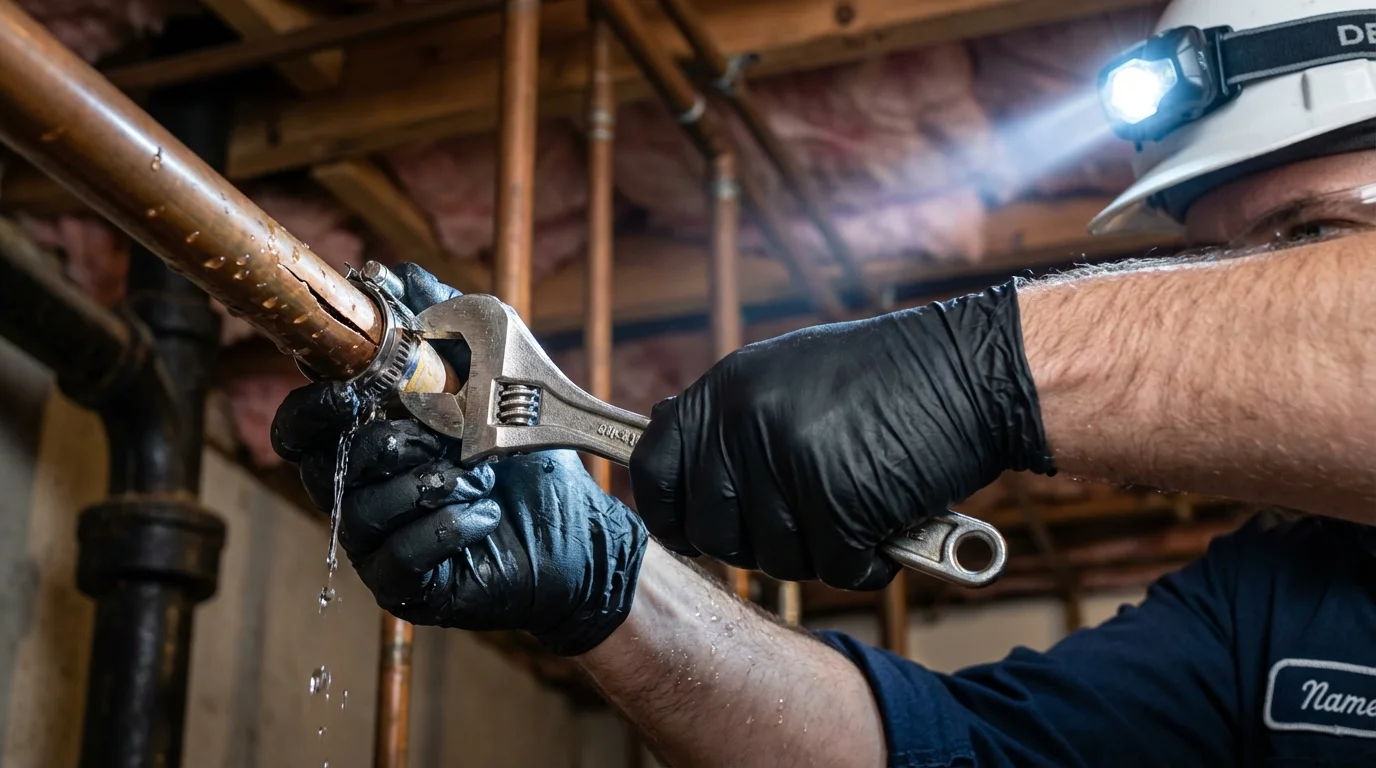 Emergency pipe clamp repair being performed by a Johns Plumbing LLC plumber in Woodbine