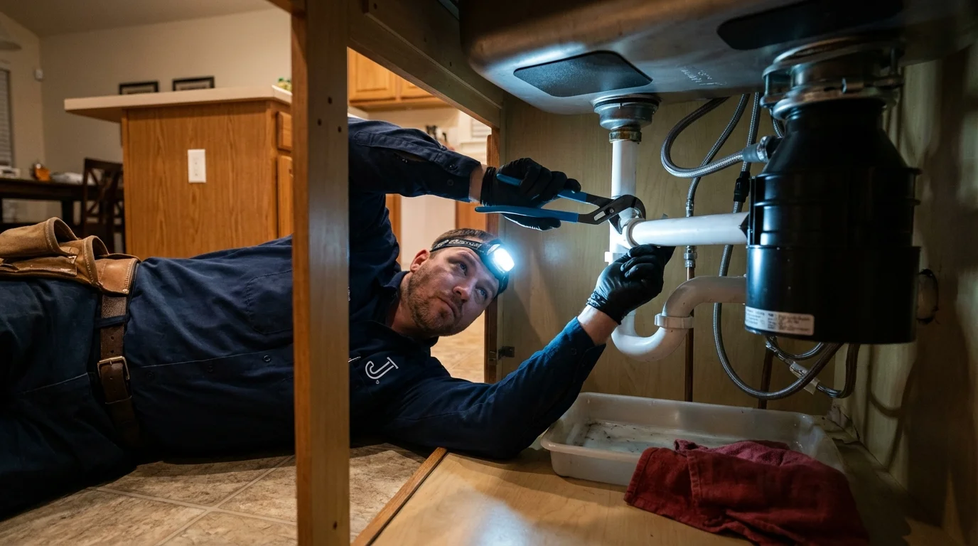 P-trap and supply line connections under a kitchen sink showing a common leak point in Woodbine, NJ